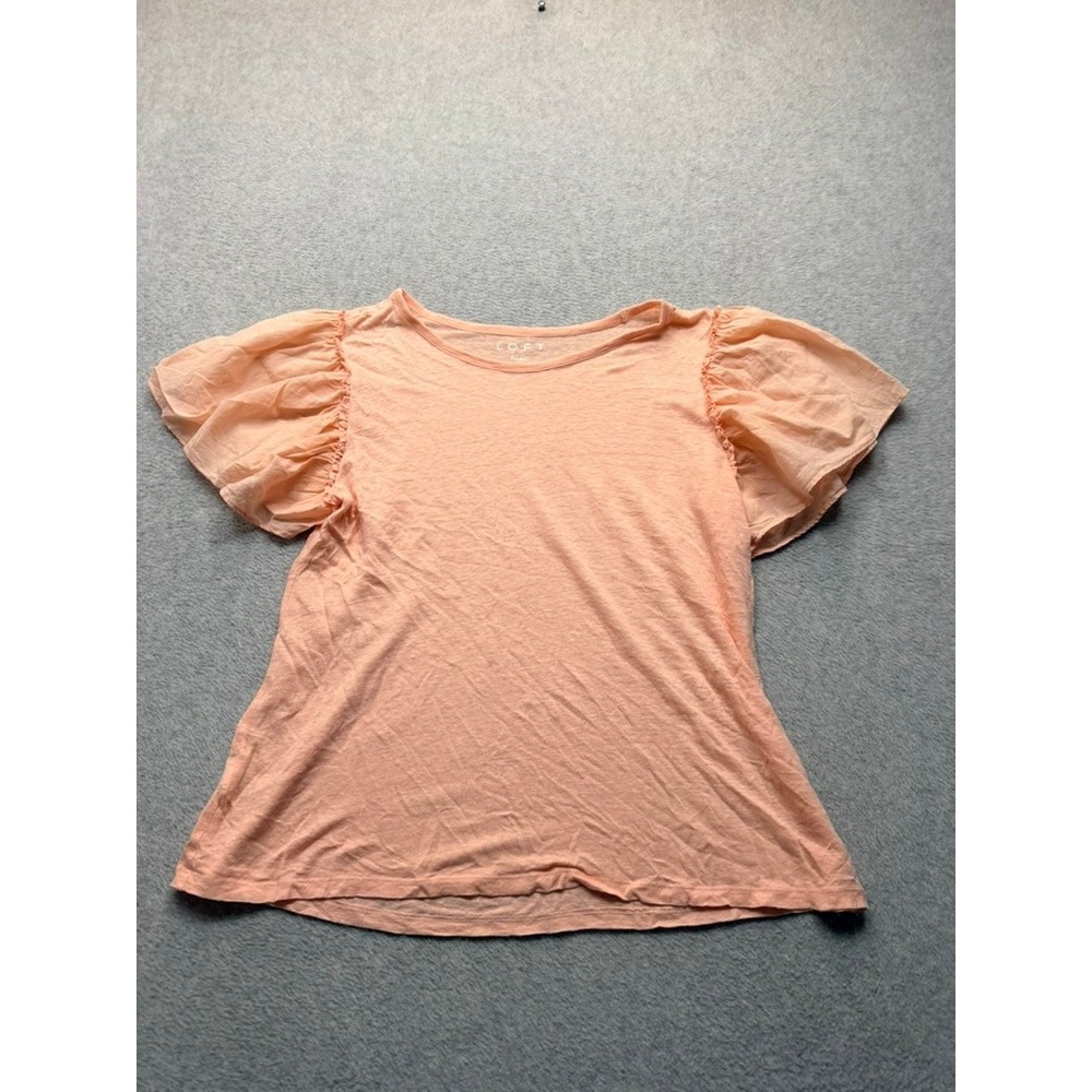 LOFT LINEN Peach Orange Flutter Sleeve Knit Top Crew Neck Small